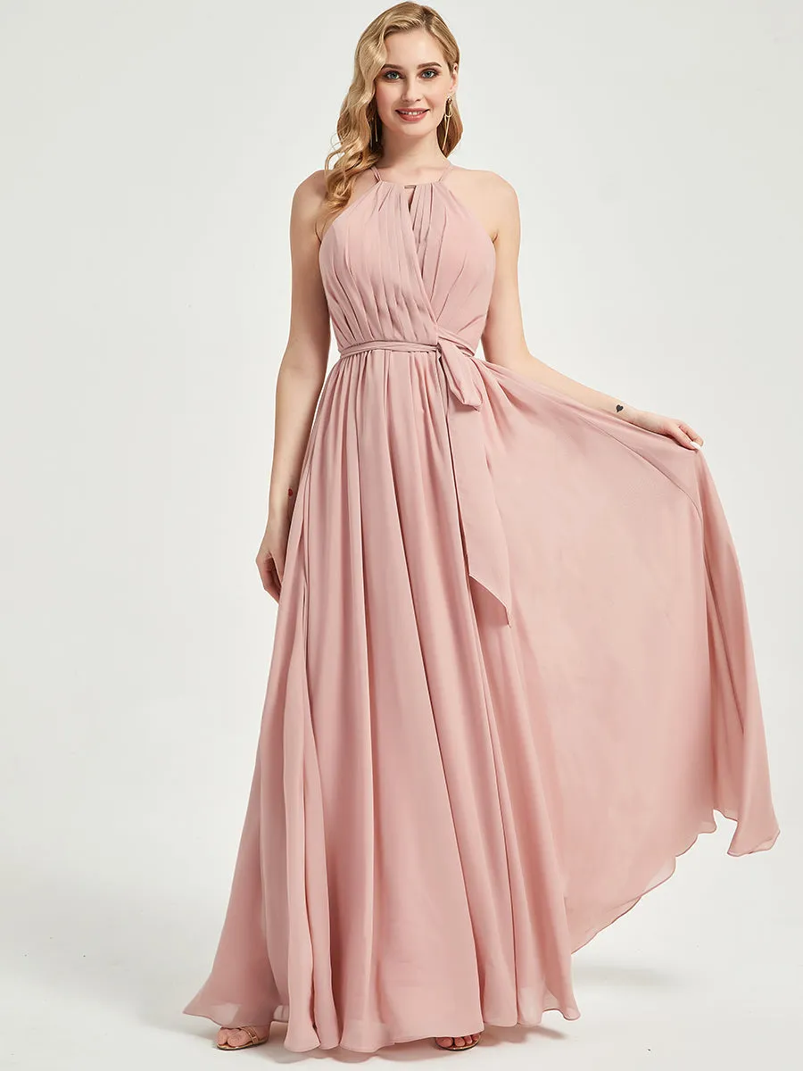 Halter Neck Slit Wrap Dusk Chiffon Bridesmaid Dress Floor Length