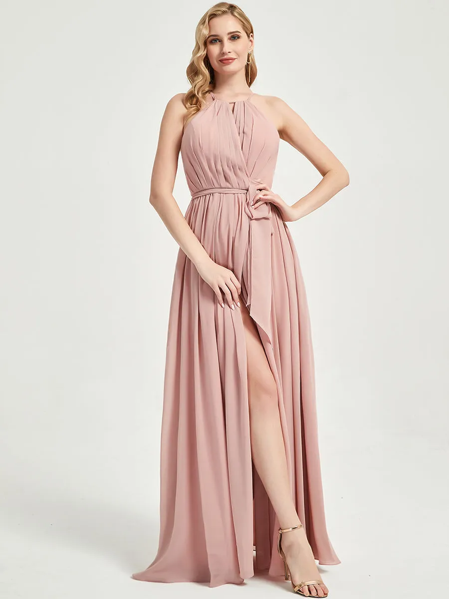 Halter Neck Slit Wrap Dusk Chiffon Bridesmaid Dress Floor Length