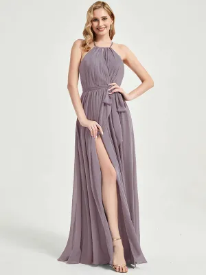 Halter Neck Slit Wrap Dusk Chiffon Bridesmaid Dress Floor Length