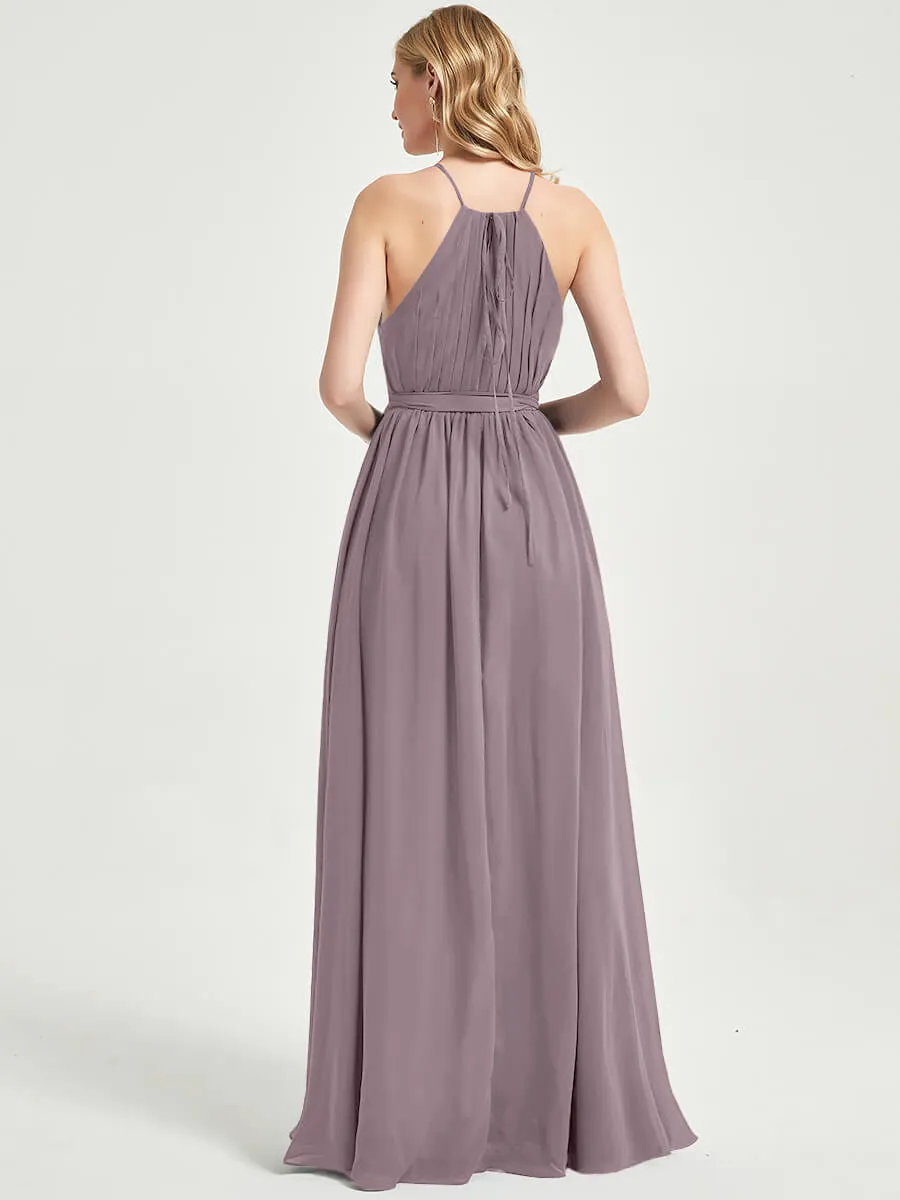 Halter Neck Slit Wrap Dusk Chiffon Bridesmaid Dress Floor Length