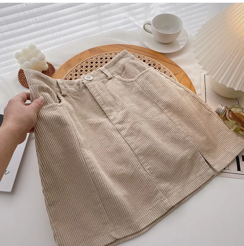 High Waist A-Line Solid Corduroy Mini Skirts
