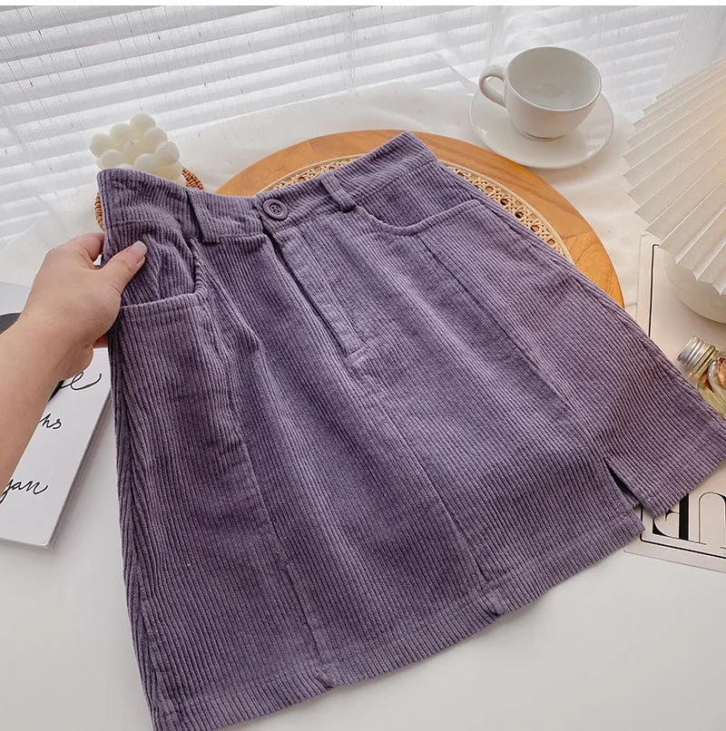 High Waist A-Line Solid Corduroy Mini Skirts