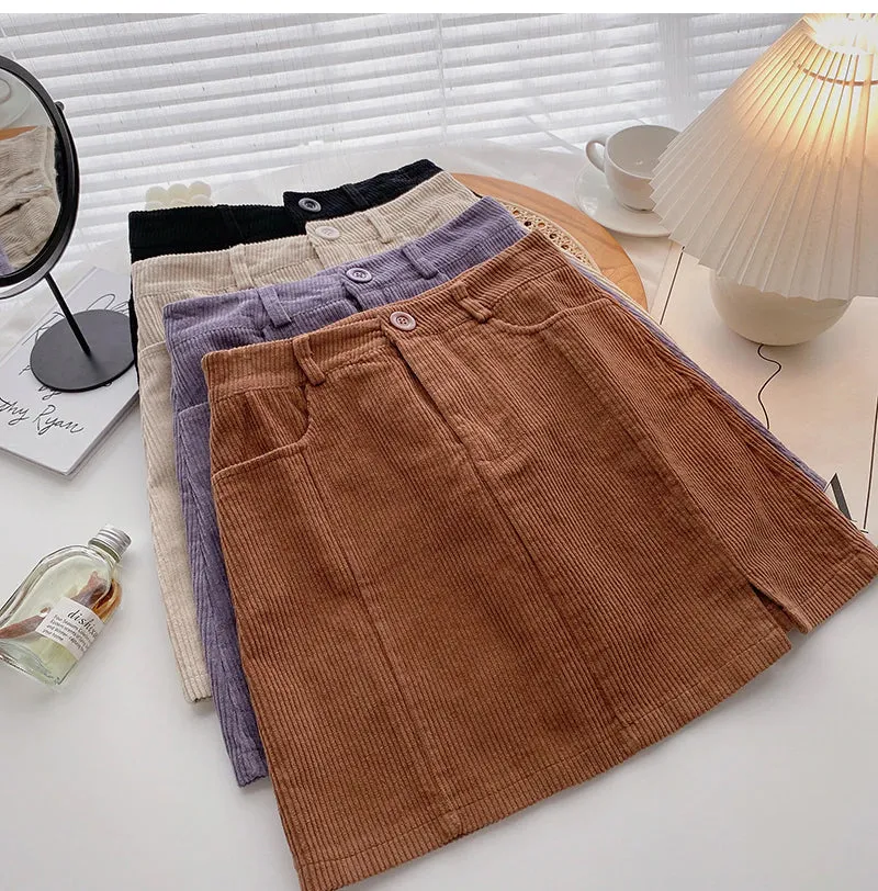 High Waist A-Line Solid Corduroy Mini Skirts