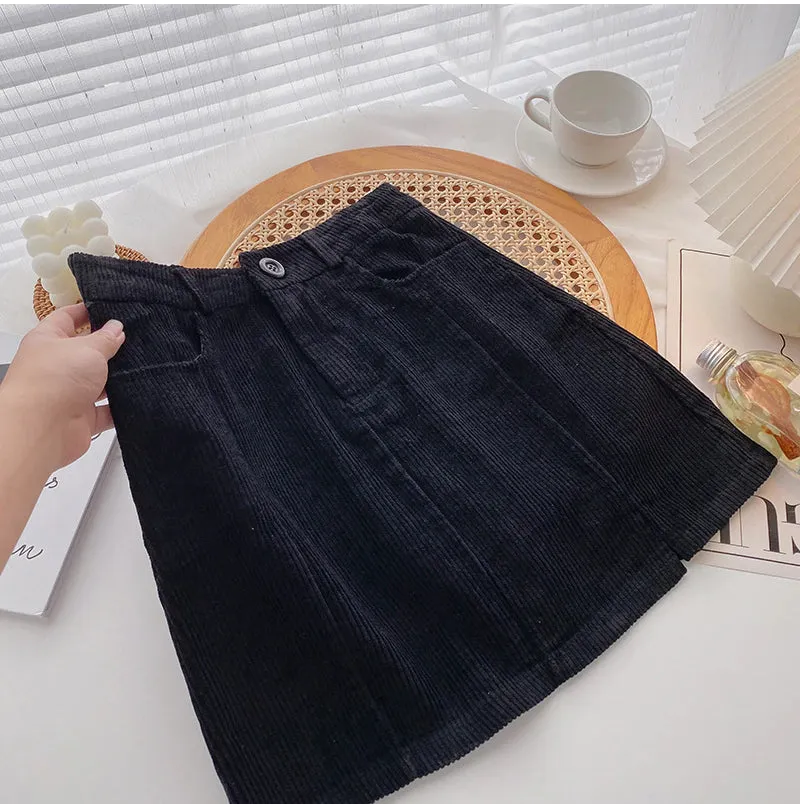 High Waist A-Line Solid Corduroy Mini Skirts