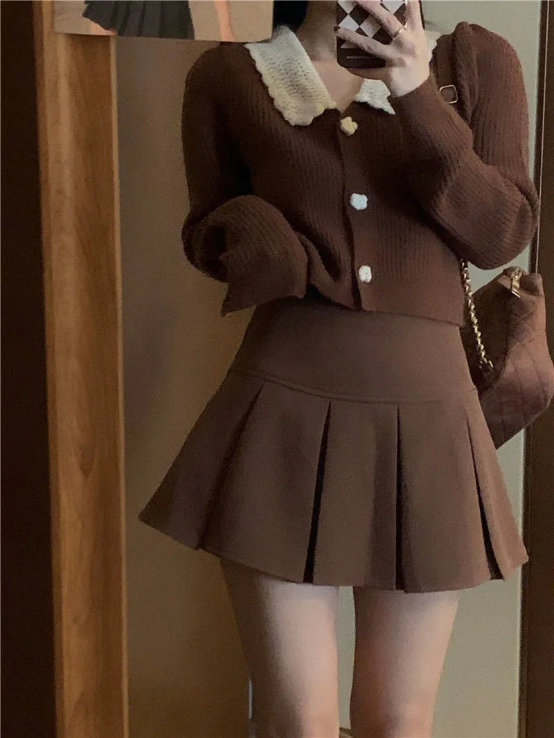 High Waist Brown Pleated Skirt