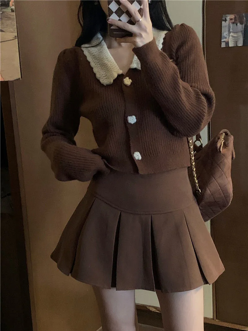 High Waist Brown Pleated Skirt