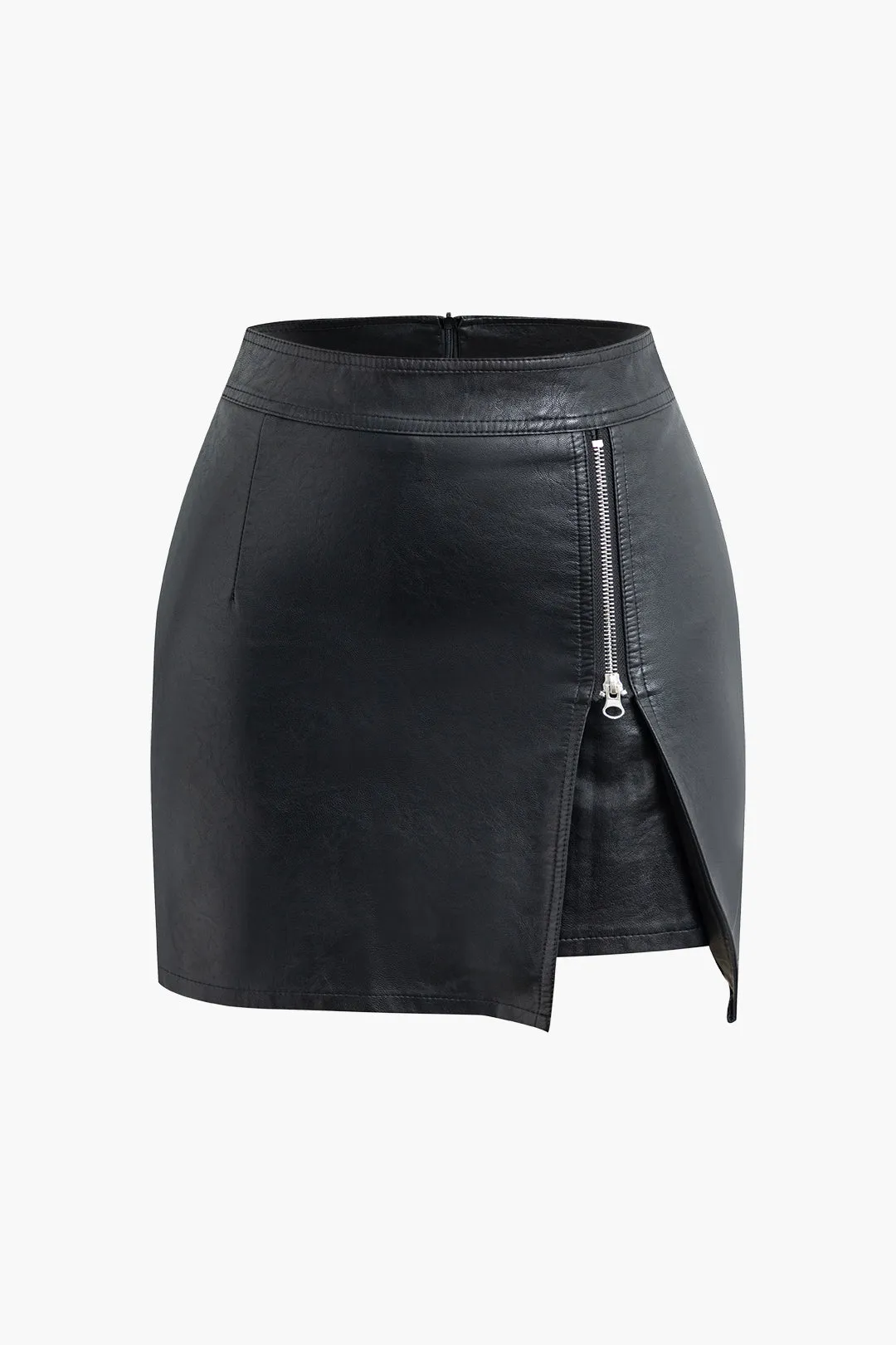 High Waist Faux Leather Zipper Mini Skirt