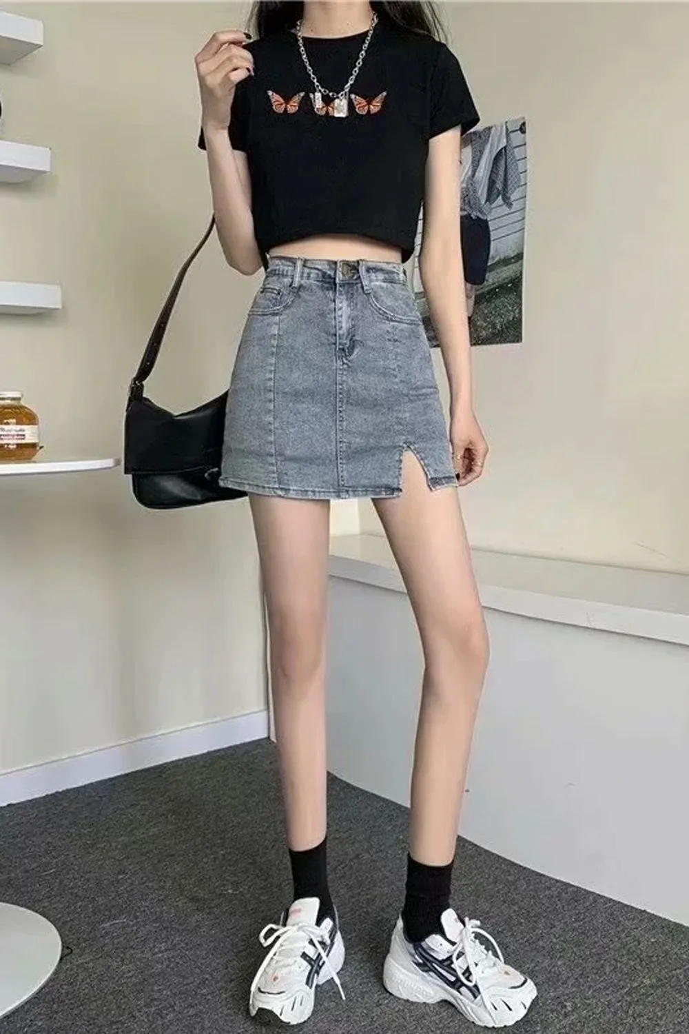 High Waist Front Slit Short Denim Skirts