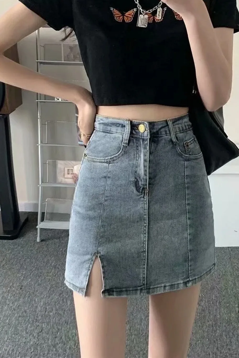 High Waist Front Slit Short Denim Skirts