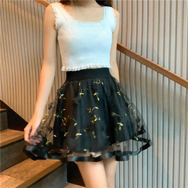 High Waist Mesh Lace Flower Mini Skirts