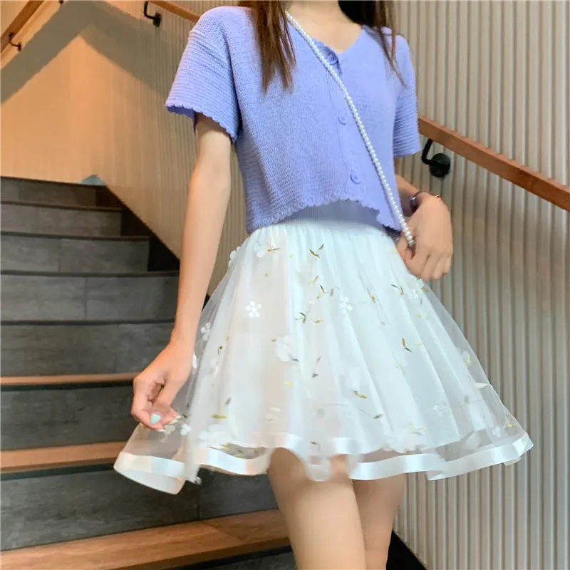 High Waist Mesh Lace Flower Mini Skirts