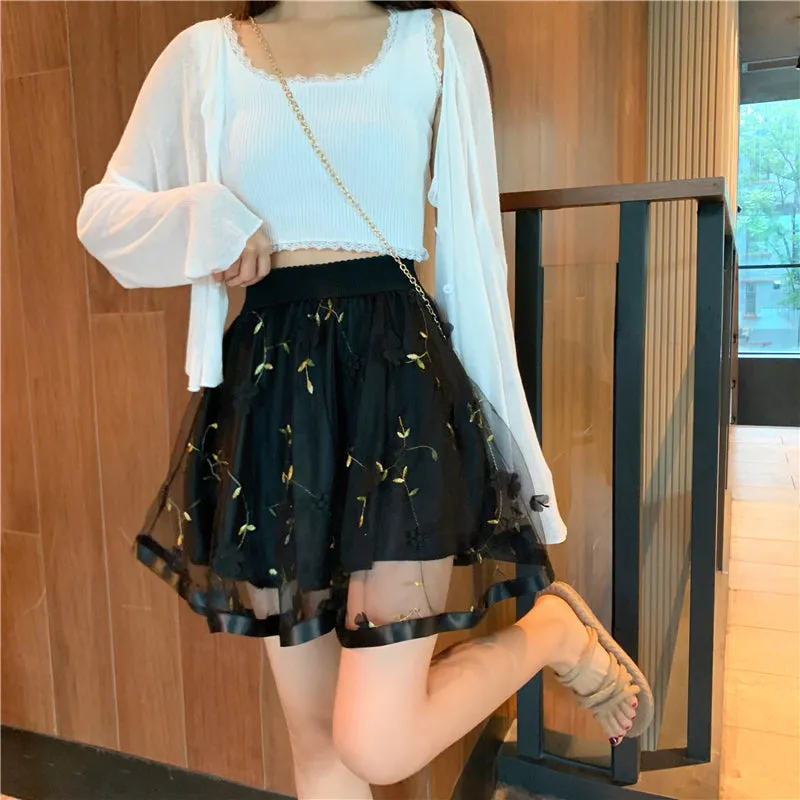 High Waist Mesh Lace Flower Mini Skirts