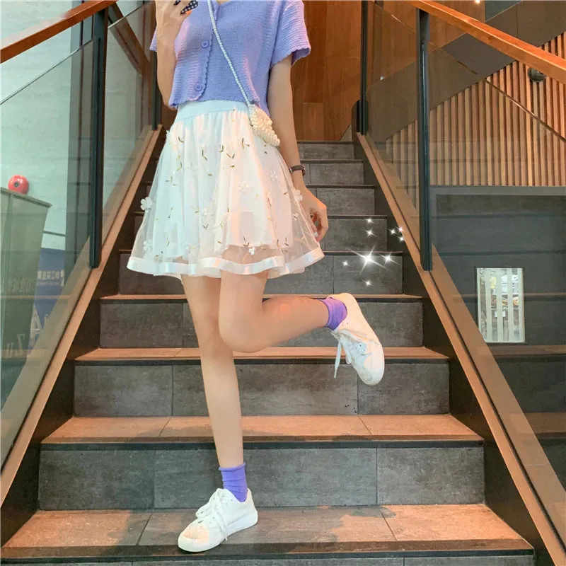 High Waist Mesh Lace Flower Mini Skirts
