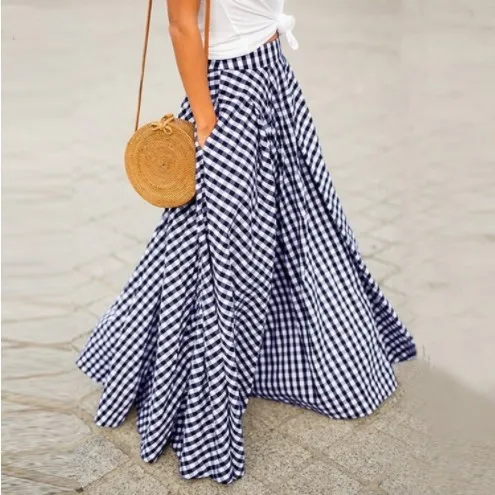High Waist Plaid Maxi Skirt with Pockets