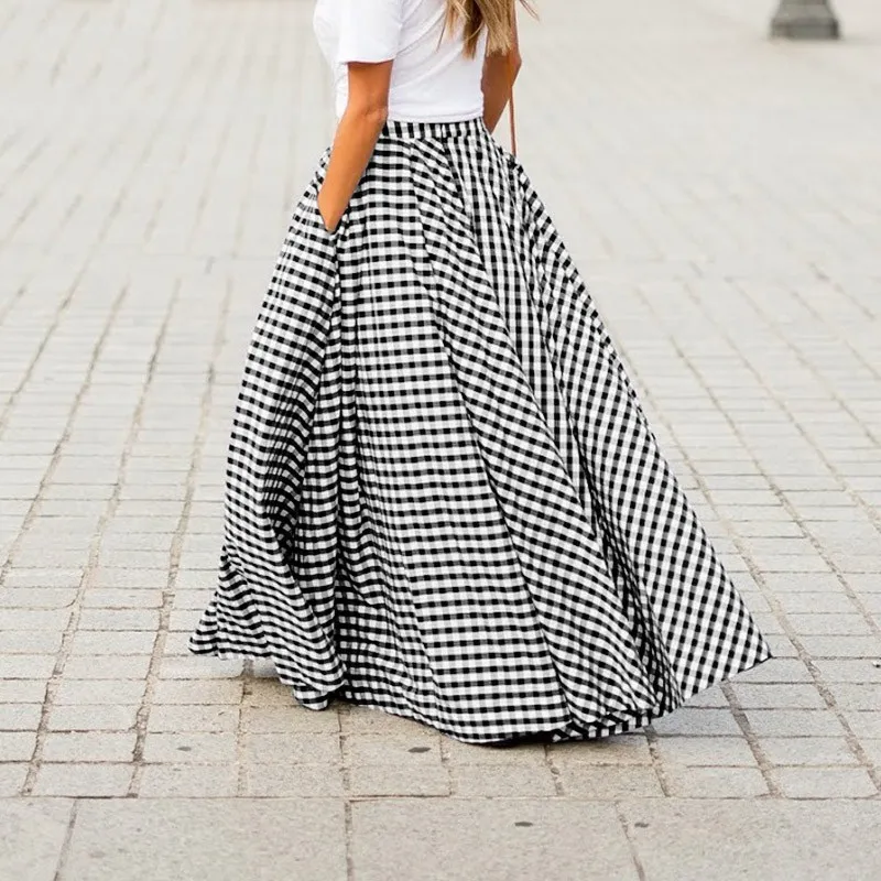 High Waist Plaid Maxi Skirt with Pockets