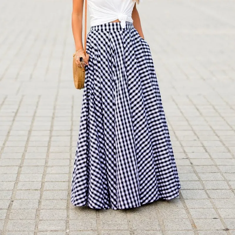 High Waist Plaid Maxi Skirt with Pockets
