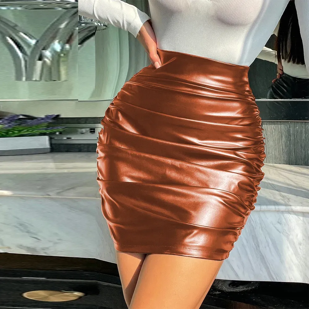 High Waist Ruched Leather Mini Skirt