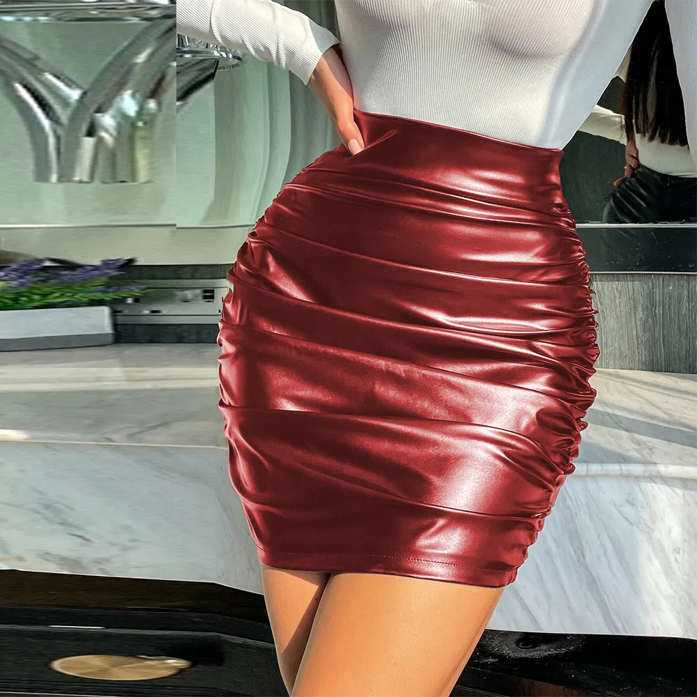 High Waist Ruched Leather Mini Skirt