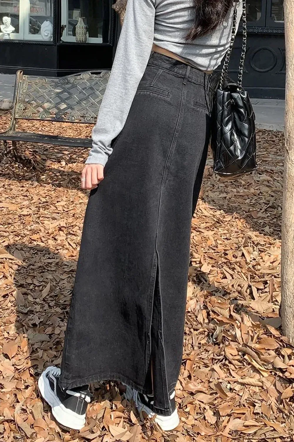 High Waist Washed Black Denim Long Skirts