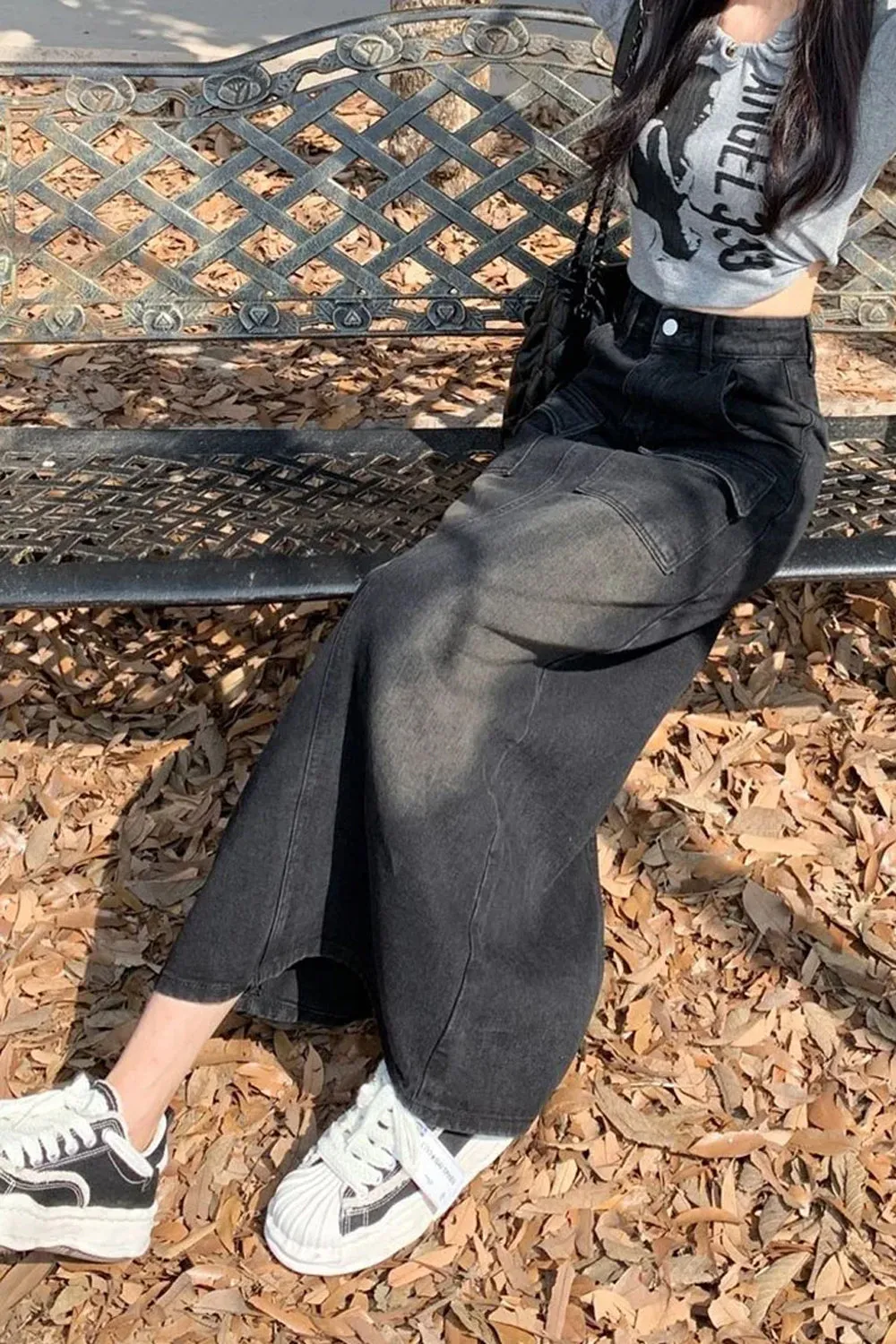High Waist Washed Black Denim Long Skirts