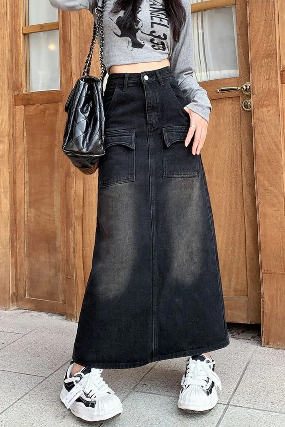 High Waist Washed Black Denim Long Skirts