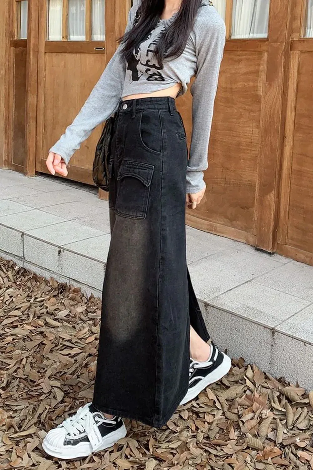 High Waist Washed Black Denim Long Skirts