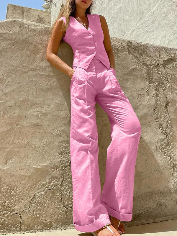 High Waisted Loose Pleated Solid Color Split-Joint V-Neck Two Pieces Set