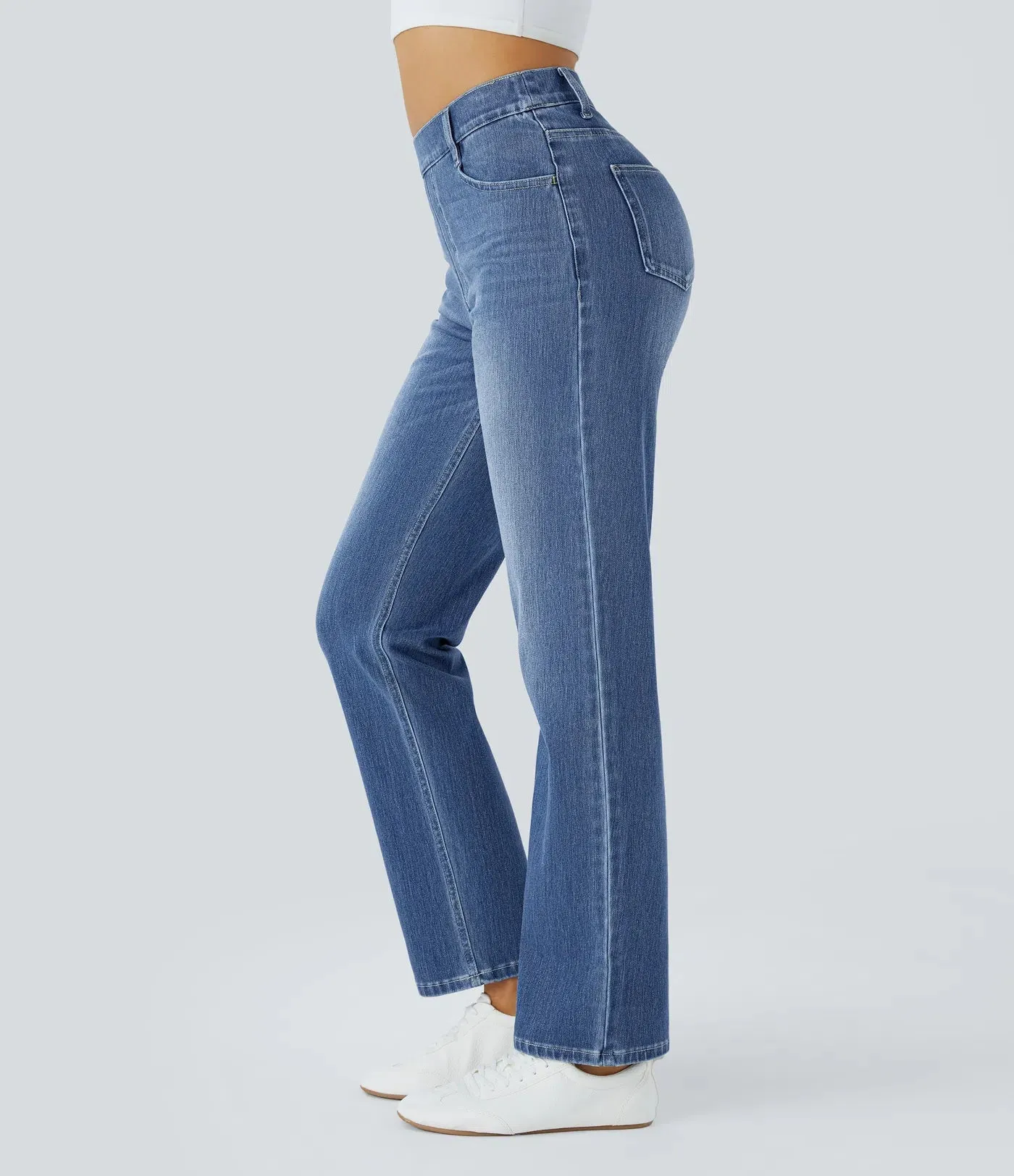 High-Waisted Straight Leg Jeans | Stretchy Knit & Multi-Pocket