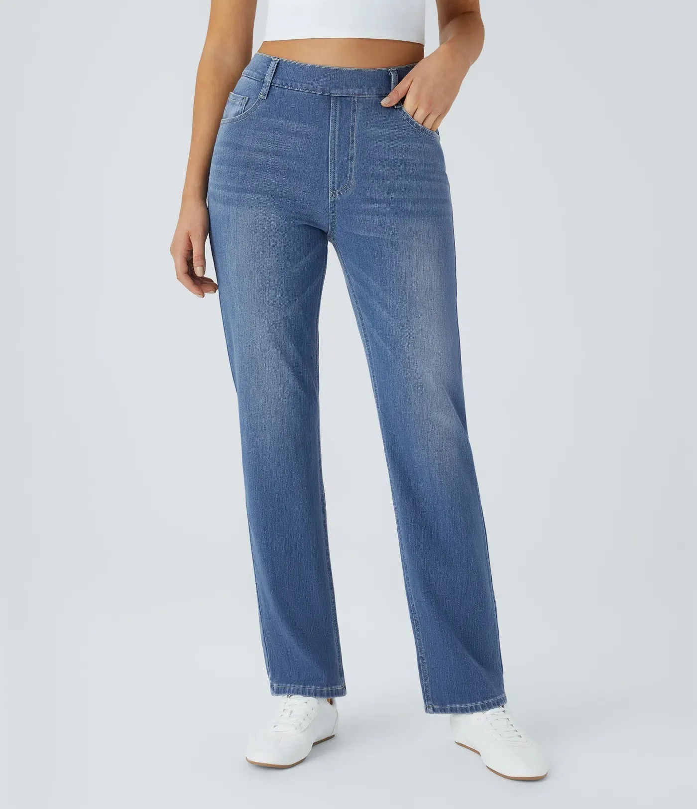 High-Waisted Straight Leg Jeans | Stretchy Knit & Multi-Pocket