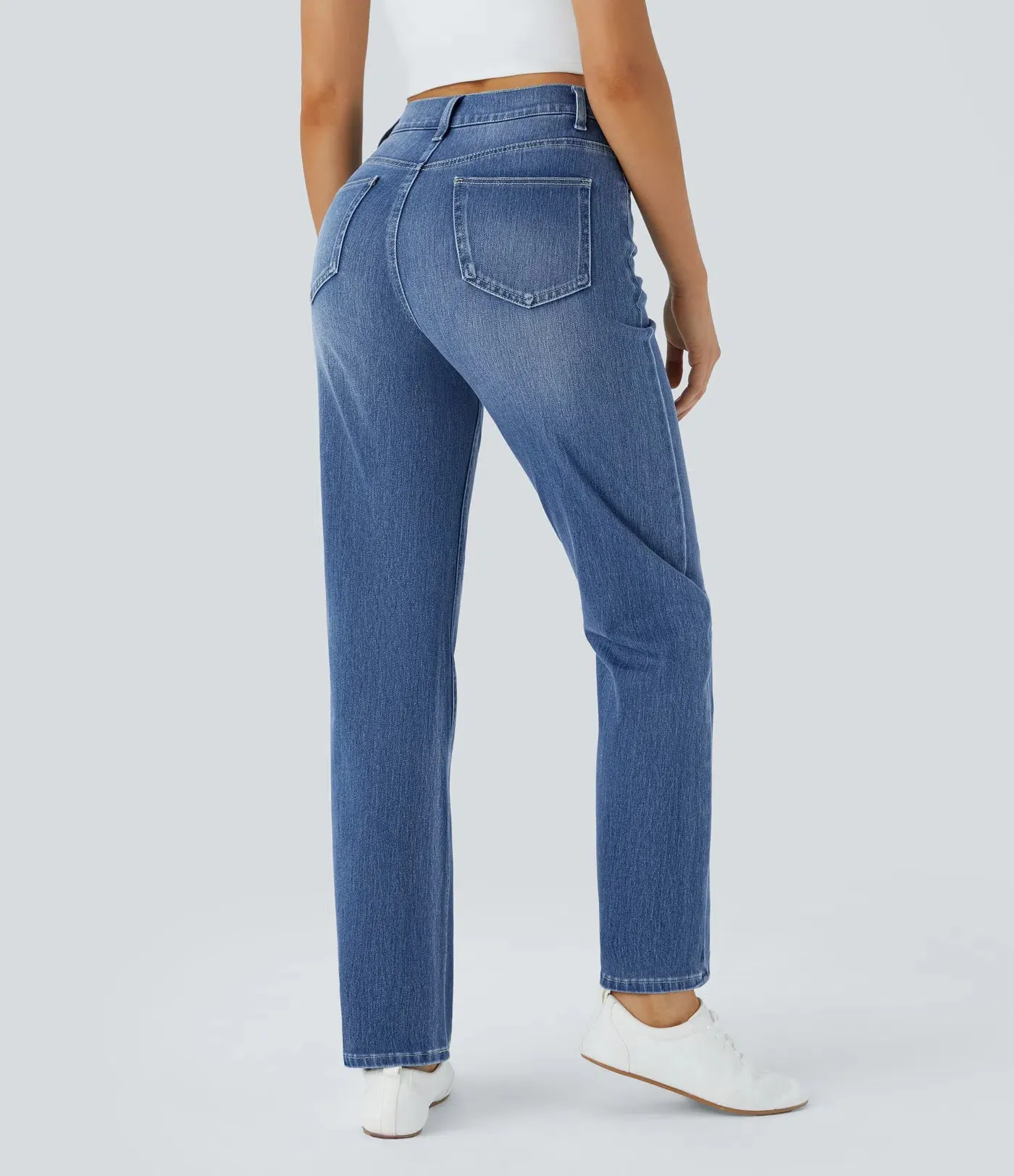 High-Waisted Straight Leg Jeans | Stretchy Knit & Multi-Pocket
