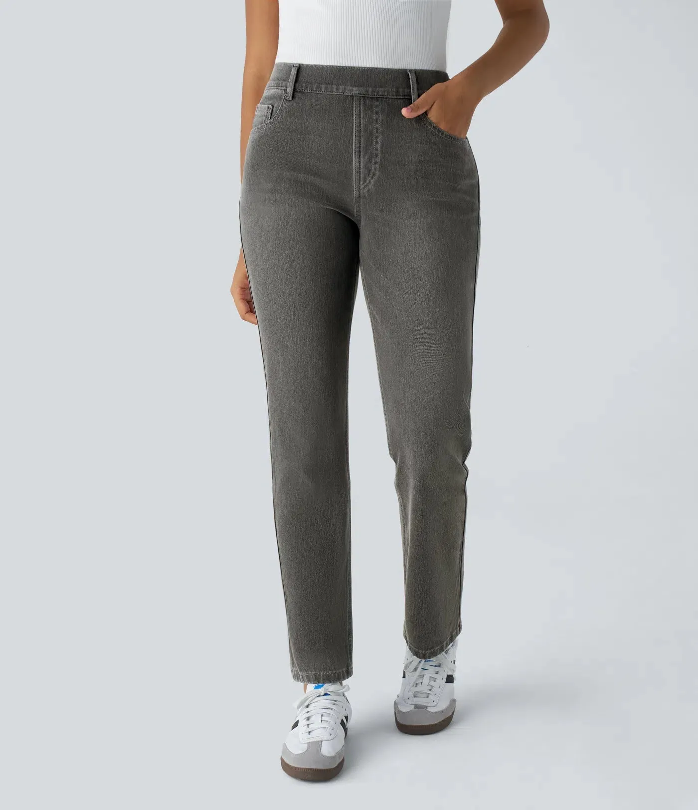 High-Waisted Straight Leg Jeans | Stretchy Knit & Multi-Pocket