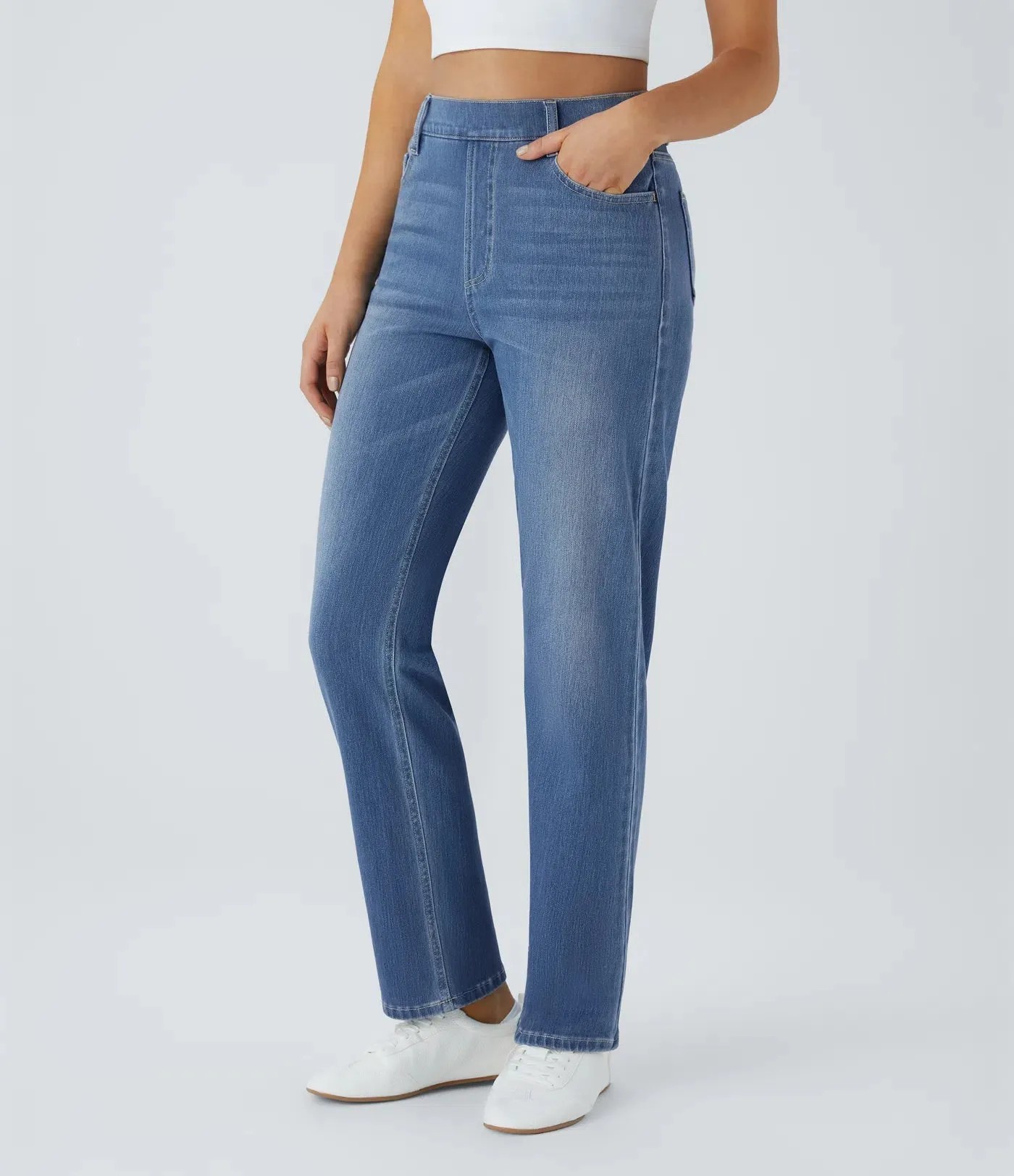 High-Waisted Straight Leg Jeans | Stretchy Knit & Multi-Pocket