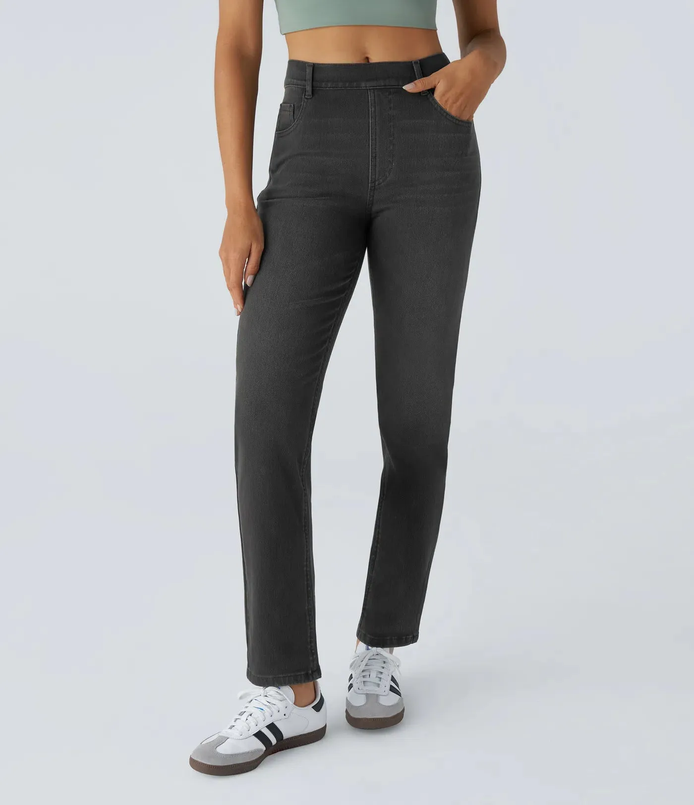 High-Waisted Straight Leg Jeans | Stretchy Knit & Multi-Pocket