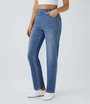 High-Waisted Straight Leg Jeans | Stretchy Knit & Multi-Pocket