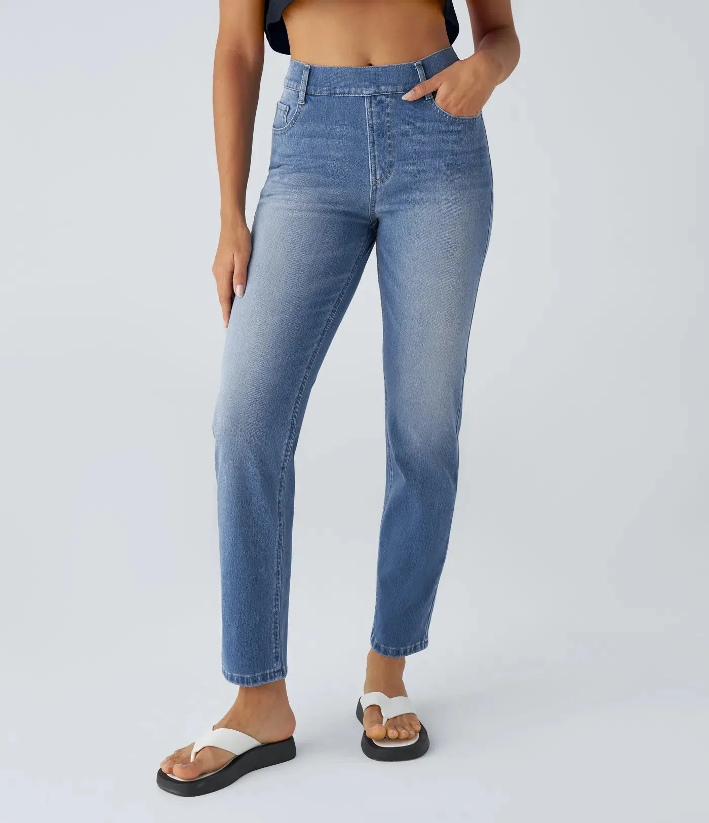 High-Waisted Straight Leg Jeans | Stretchy Knit & Multi-Pocket