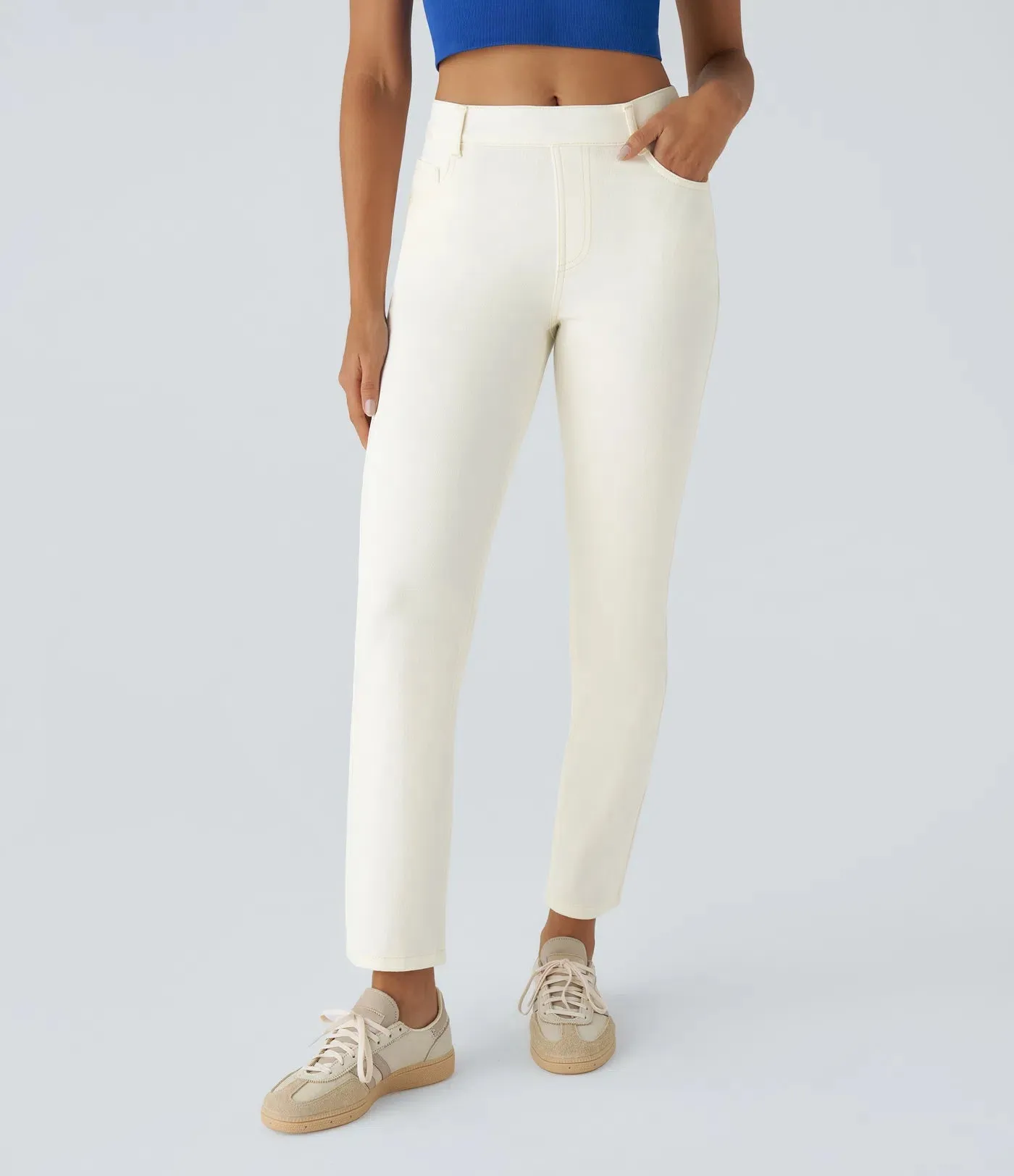 High-Waisted Straight Leg Jeans | Stretchy Knit & Multi-Pocket