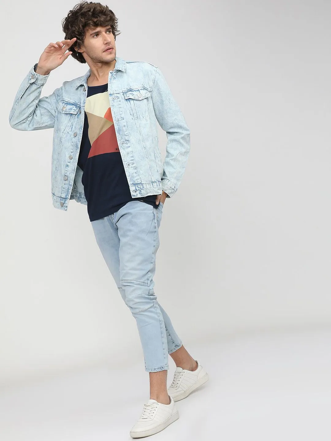 HIGHLANDER Men Blue Washed Colourblocked Denim Jacket