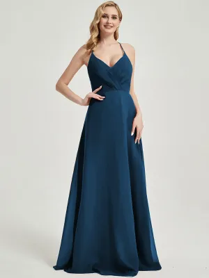 Ink Blue Pleated Halter V-Neck Backless Maxi Chiffon Bridesmaid Dress