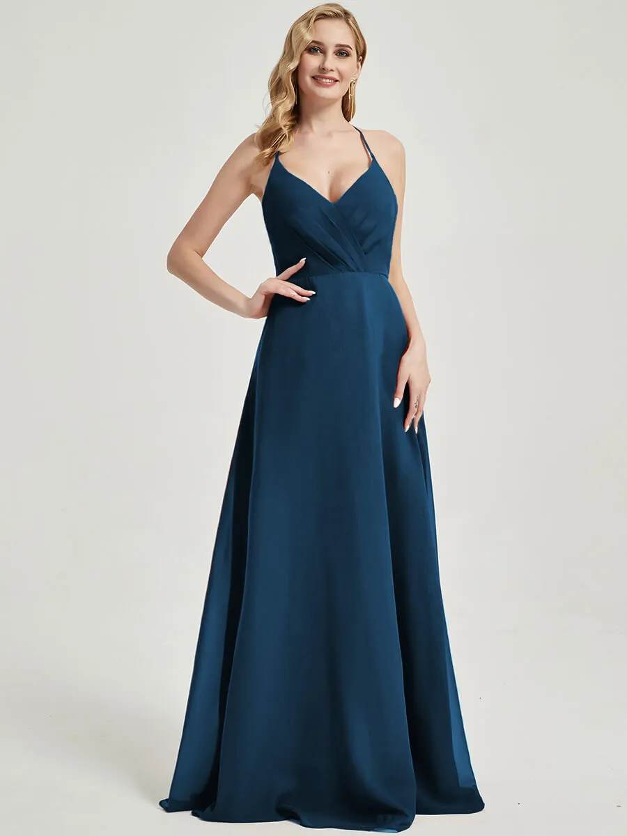 Ink Blue Pleated Halter V-Neck Backless Maxi Chiffon Bridesmaid Dress
