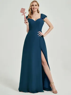 Ink Blue Ruffle Cap Sleeve Floor Length Bridesmaid Dress With Slit
