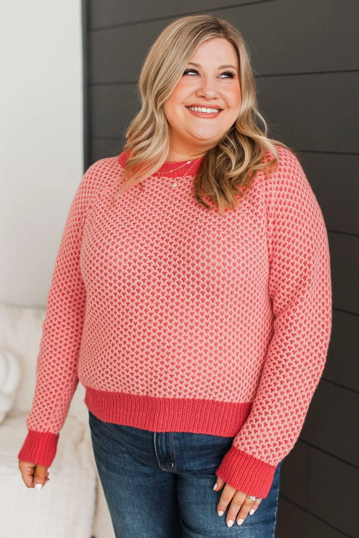 Intrigued Gaze Waffle Knit Sweater- Coral
