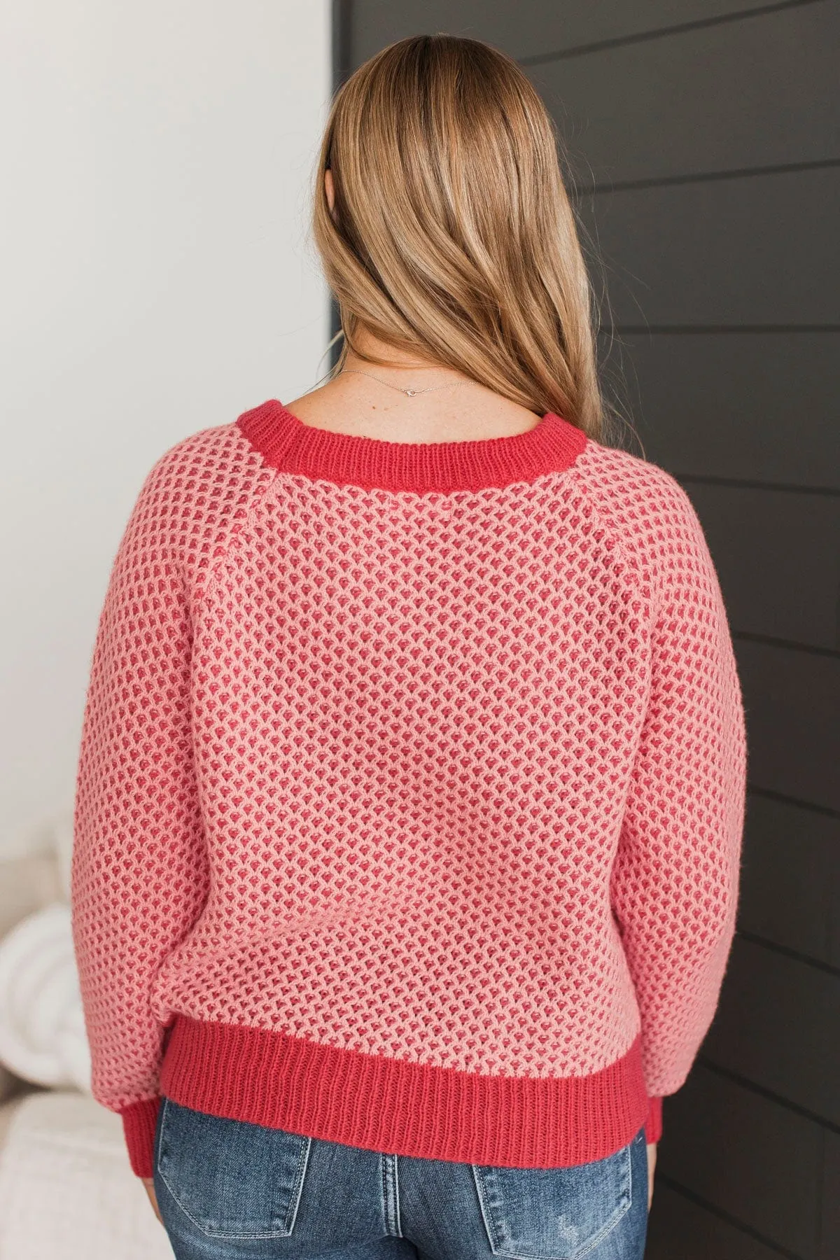 Intrigued Gaze Waffle Knit Sweater- Coral