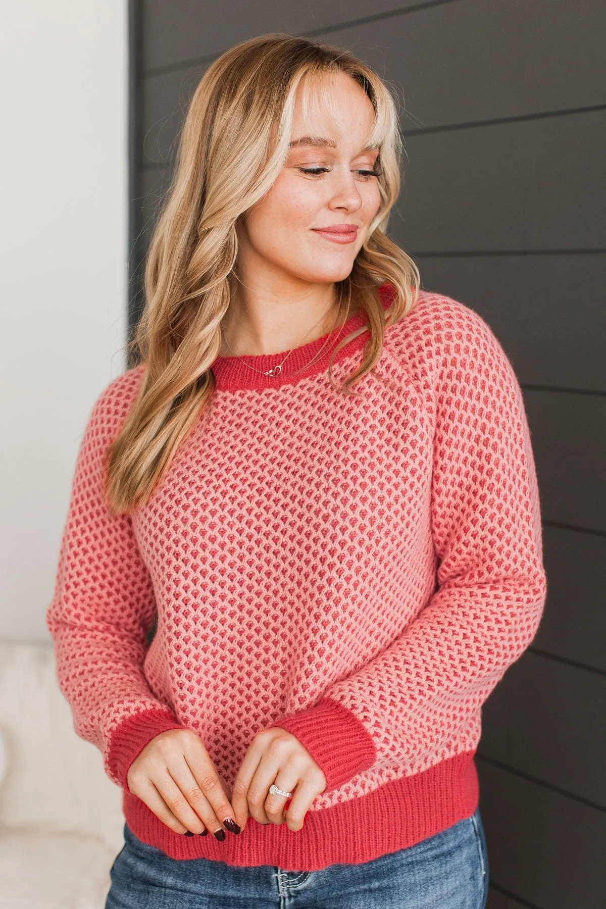 Intrigued Gaze Waffle Knit Sweater- Coral