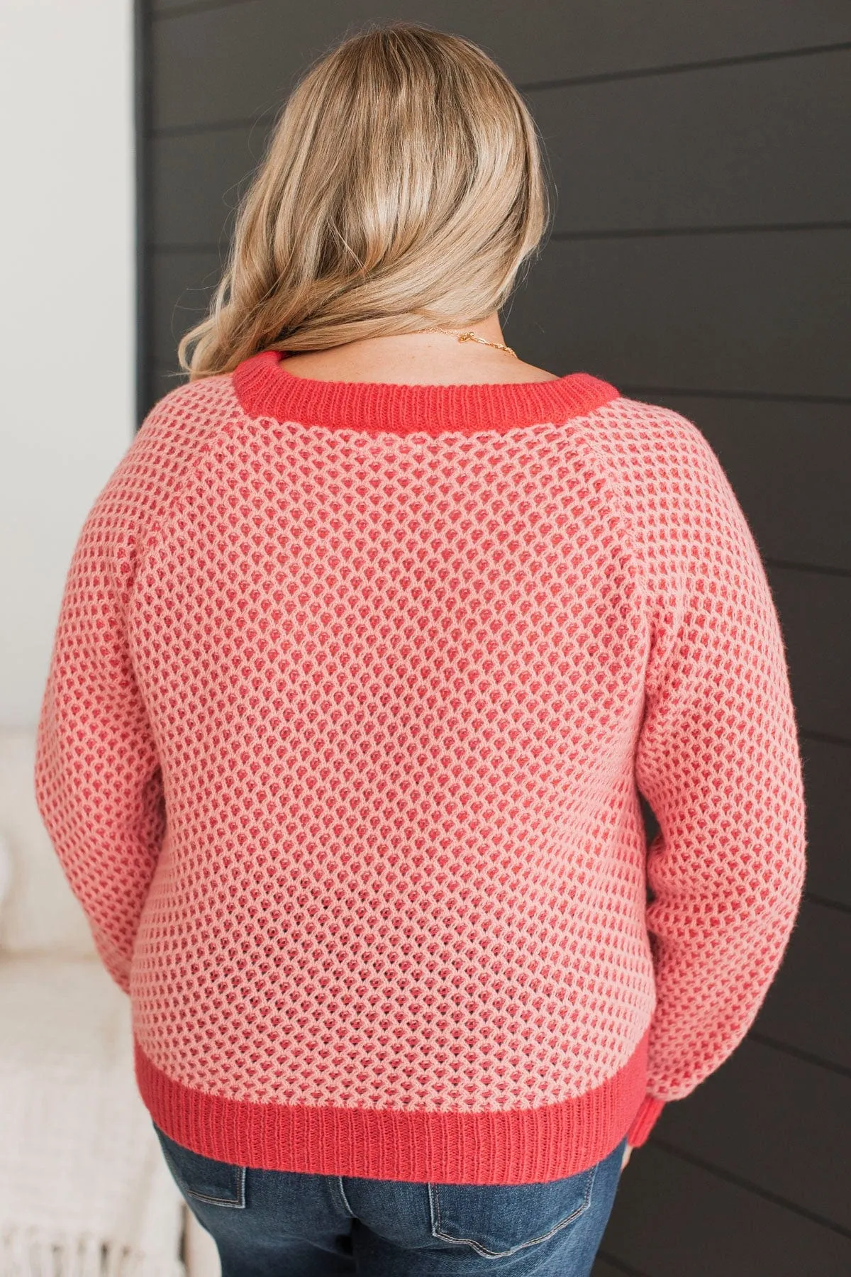 Intrigued Gaze Waffle Knit Sweater- Coral