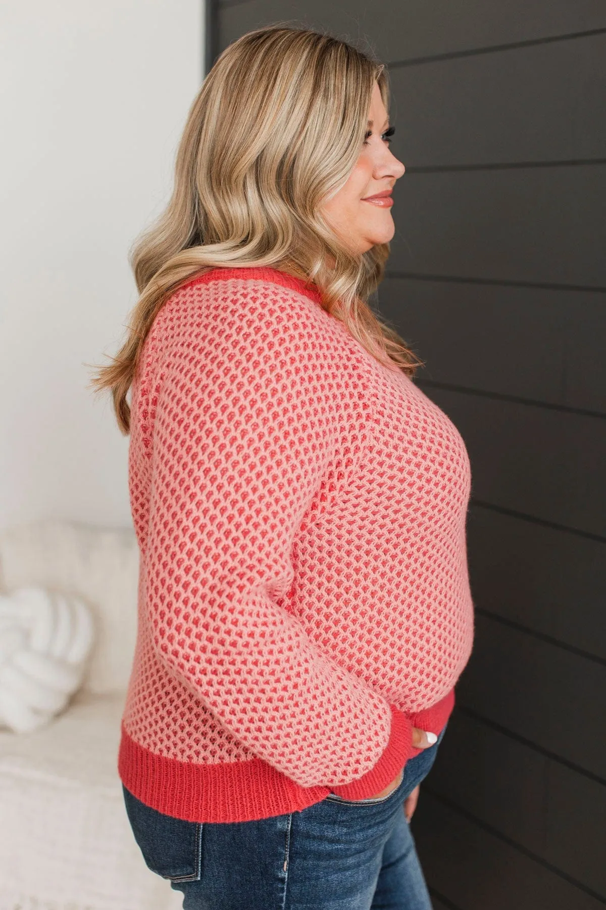 Intrigued Gaze Waffle Knit Sweater- Coral