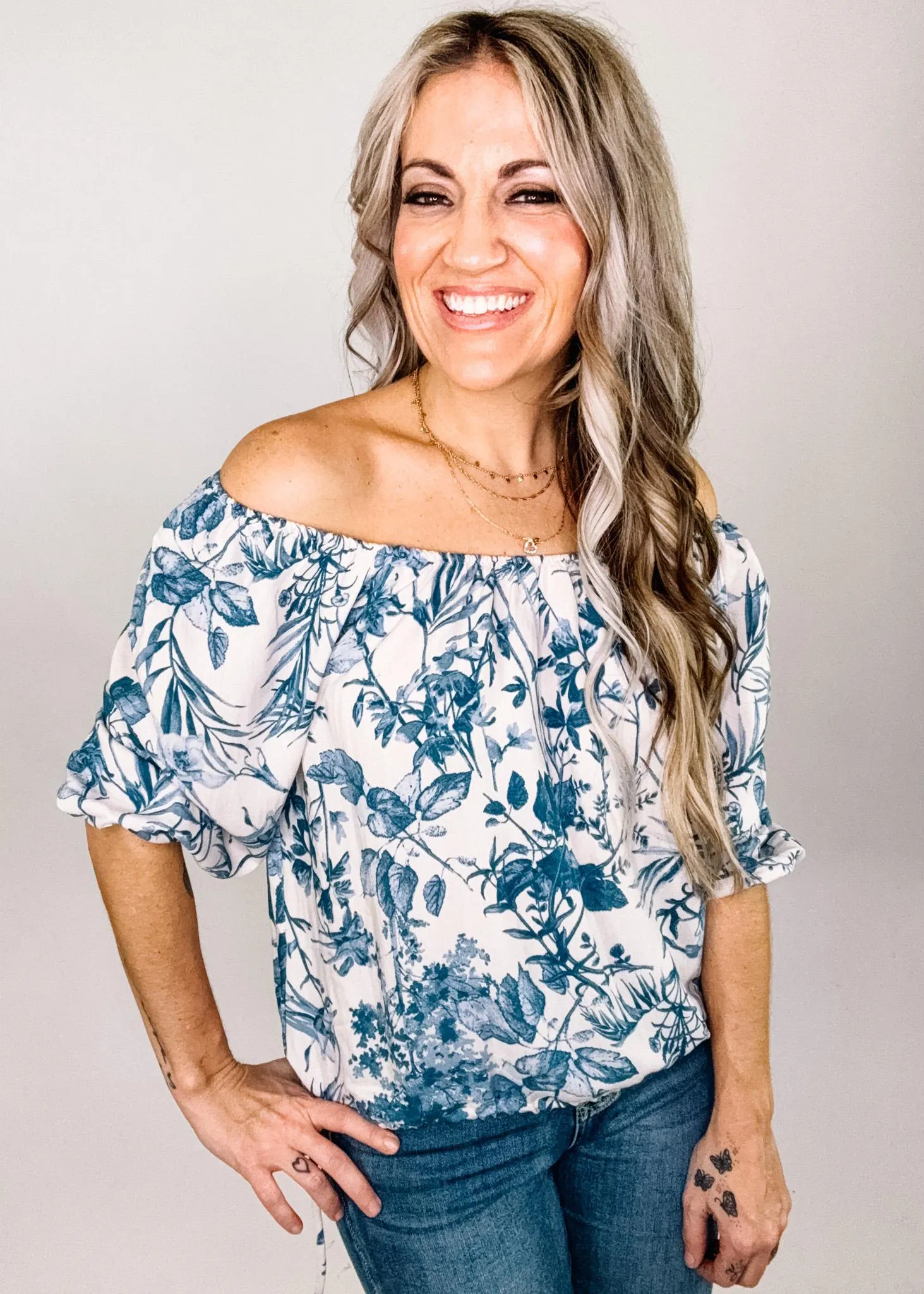 Ivory and Blue Floral Waist Tie Top