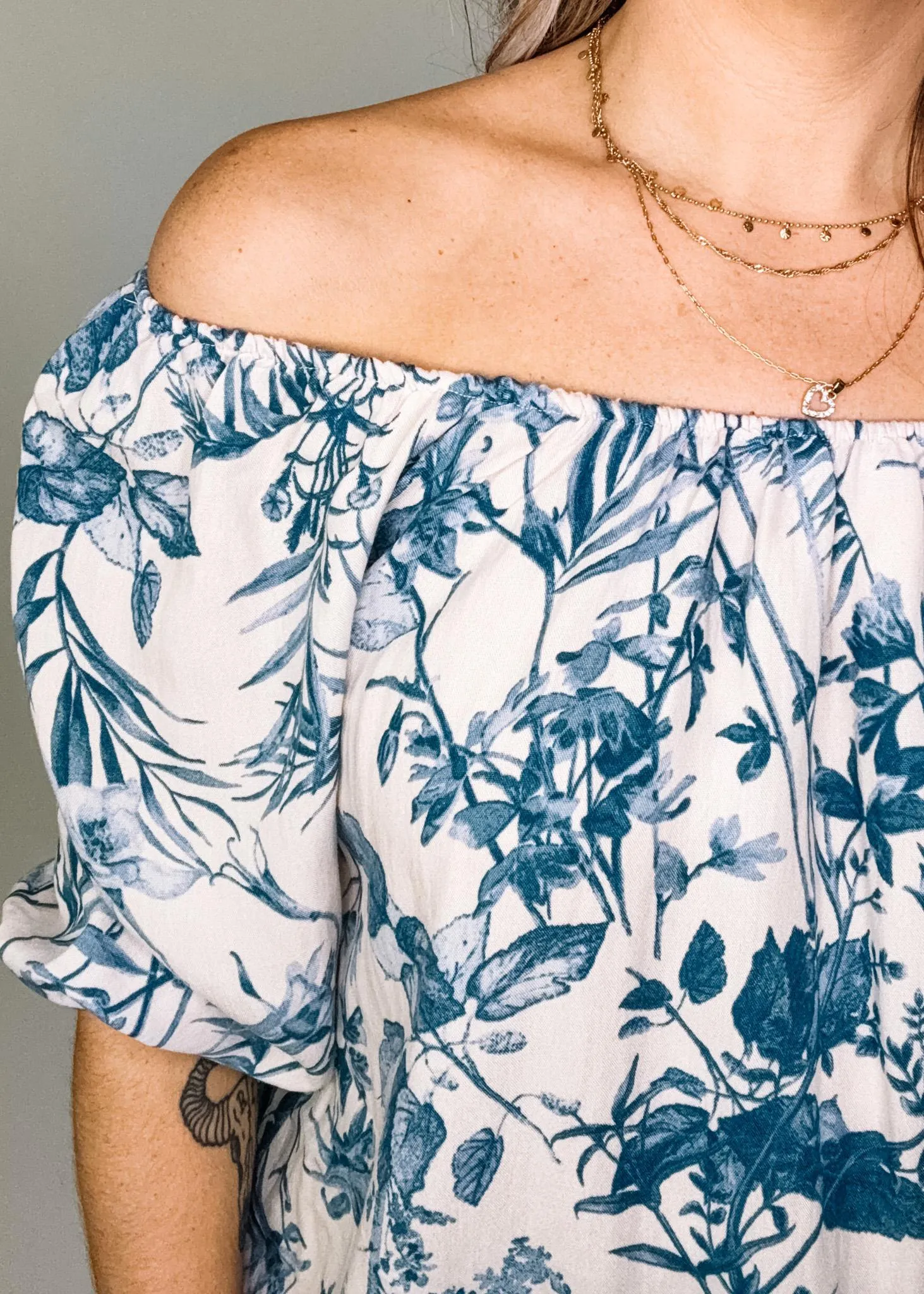 Ivory and Blue Floral Waist Tie Top