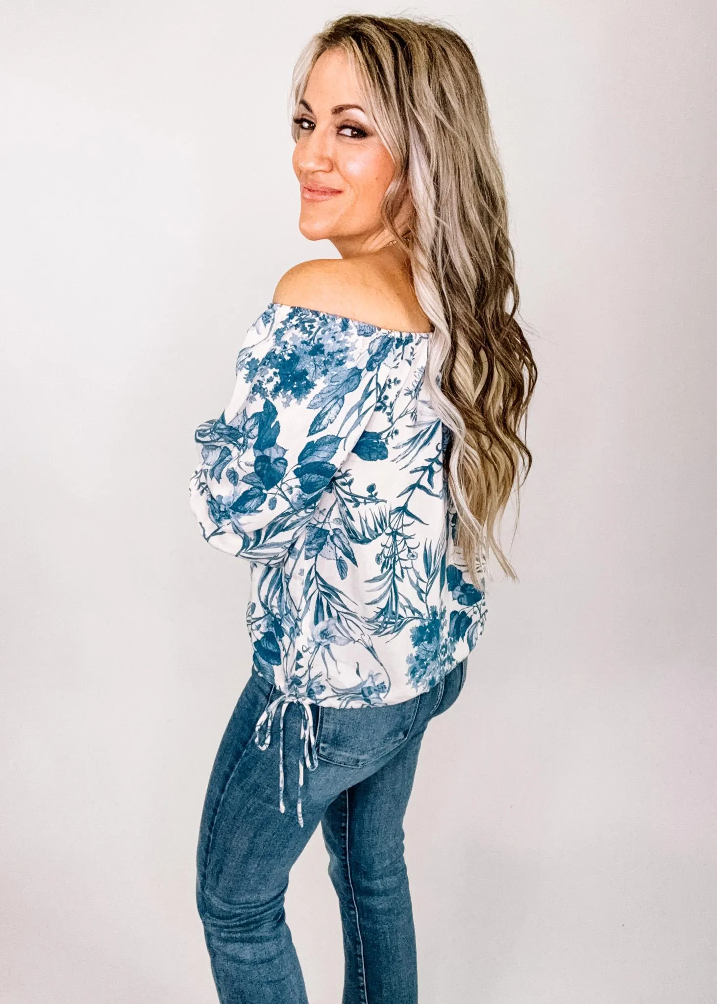 Ivory and Blue Floral Waist Tie Top