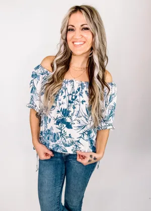 Ivory and Blue Floral Waist Tie Top