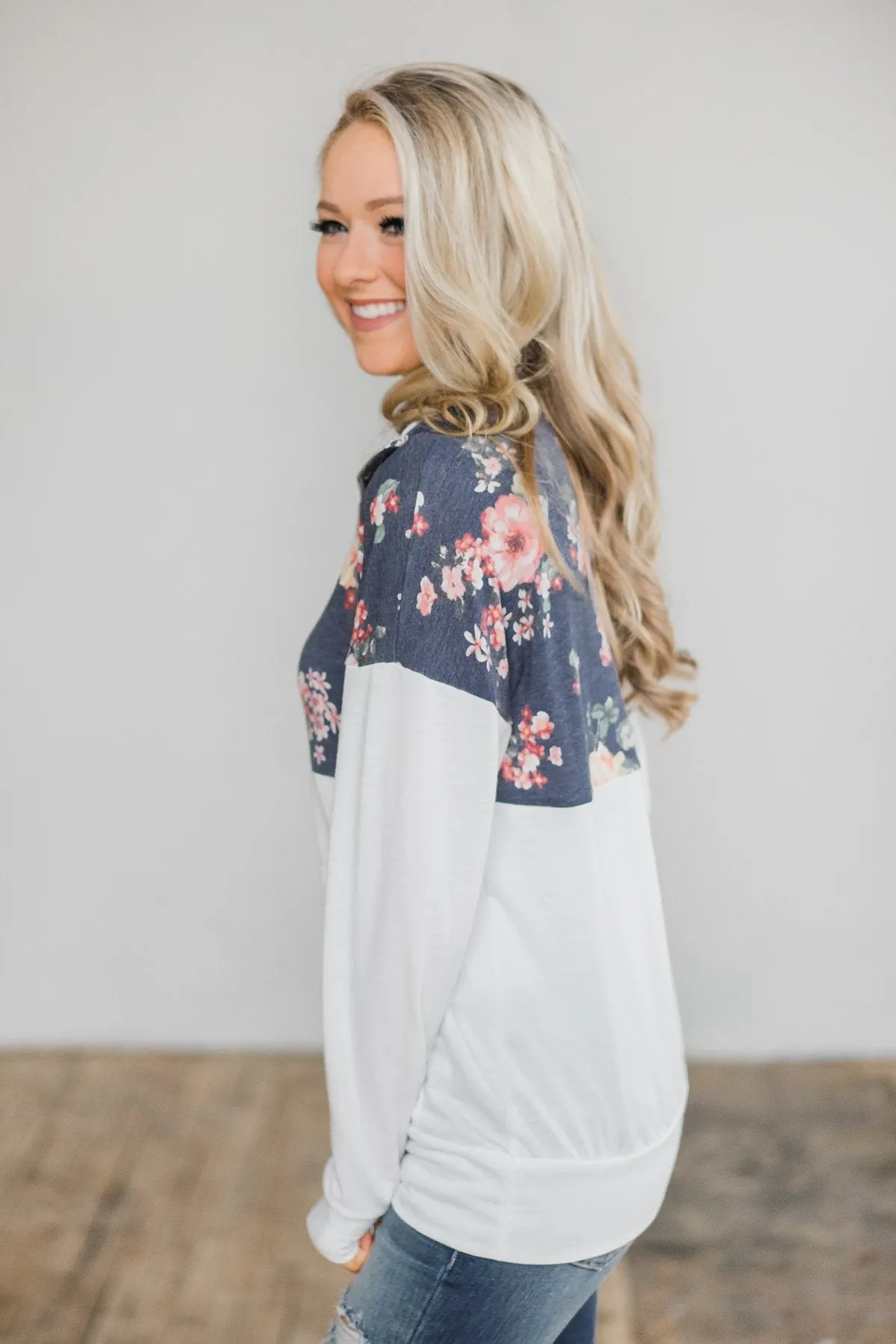 Ivory and Navy Floral Pullover